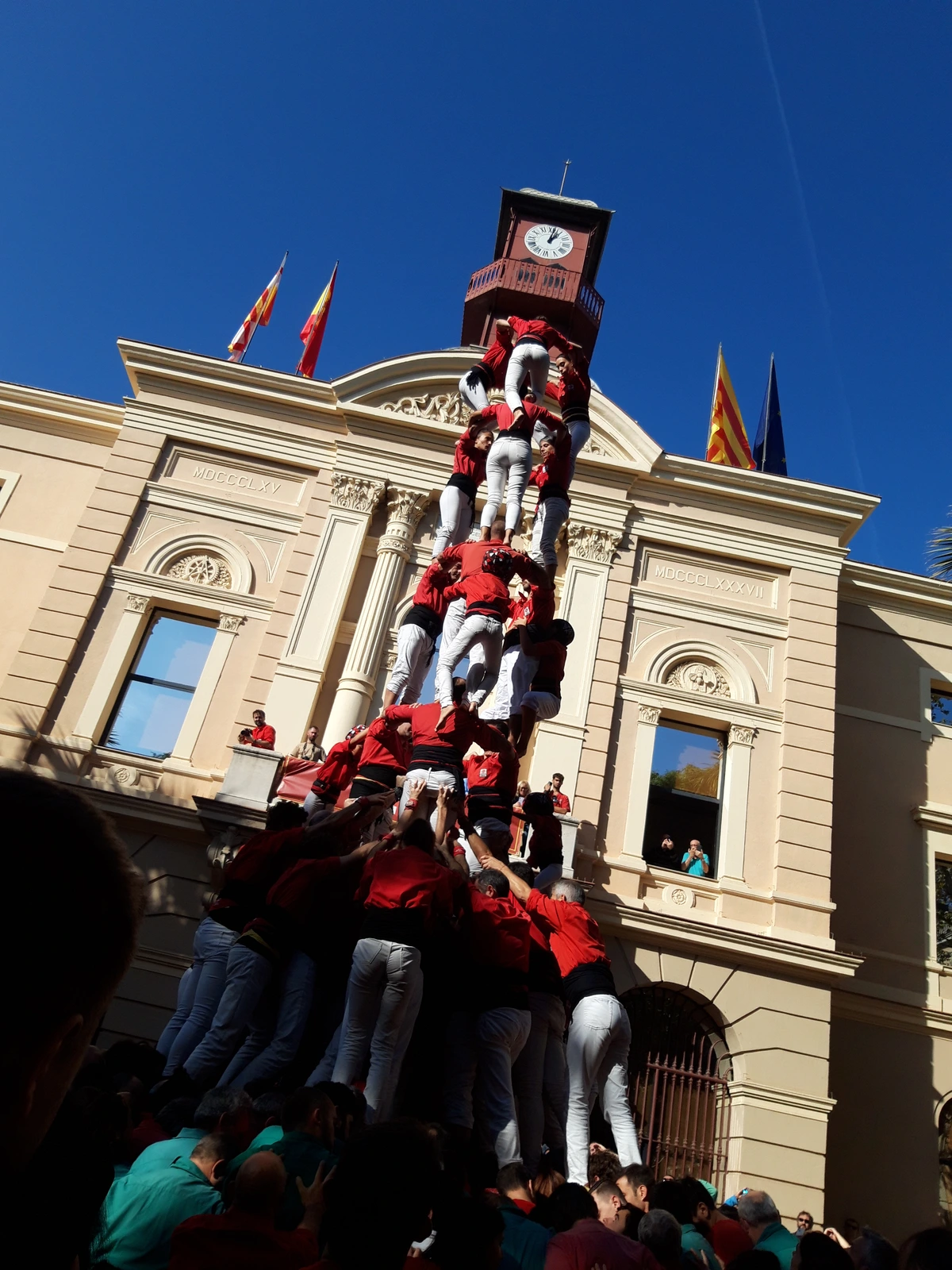 Castellers forming a human tower in Catalonia