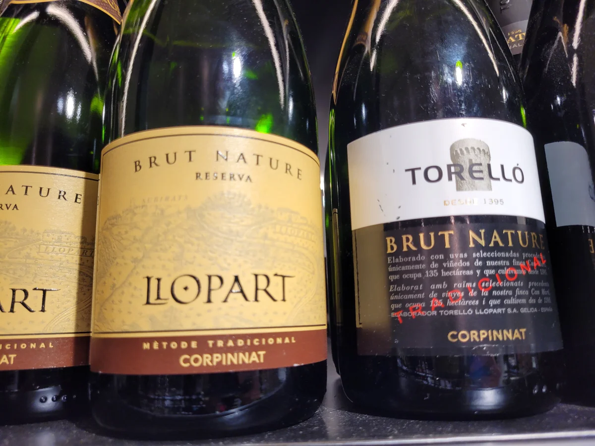Corpinnat sparkling wines which aging in bottles inside a Catalan cellar